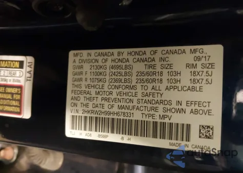 2017 Honda Cr-V Touring z USA, uszkodzony, nr VIN 2HKRW2H99HH678331